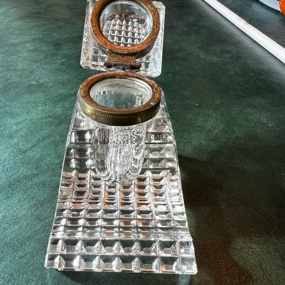 Antique Vintage Cut Glass Inkwell with Brass Hardware - Picture 6 of 9